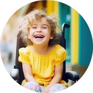 Smiling little girl sitting in a wheelchair